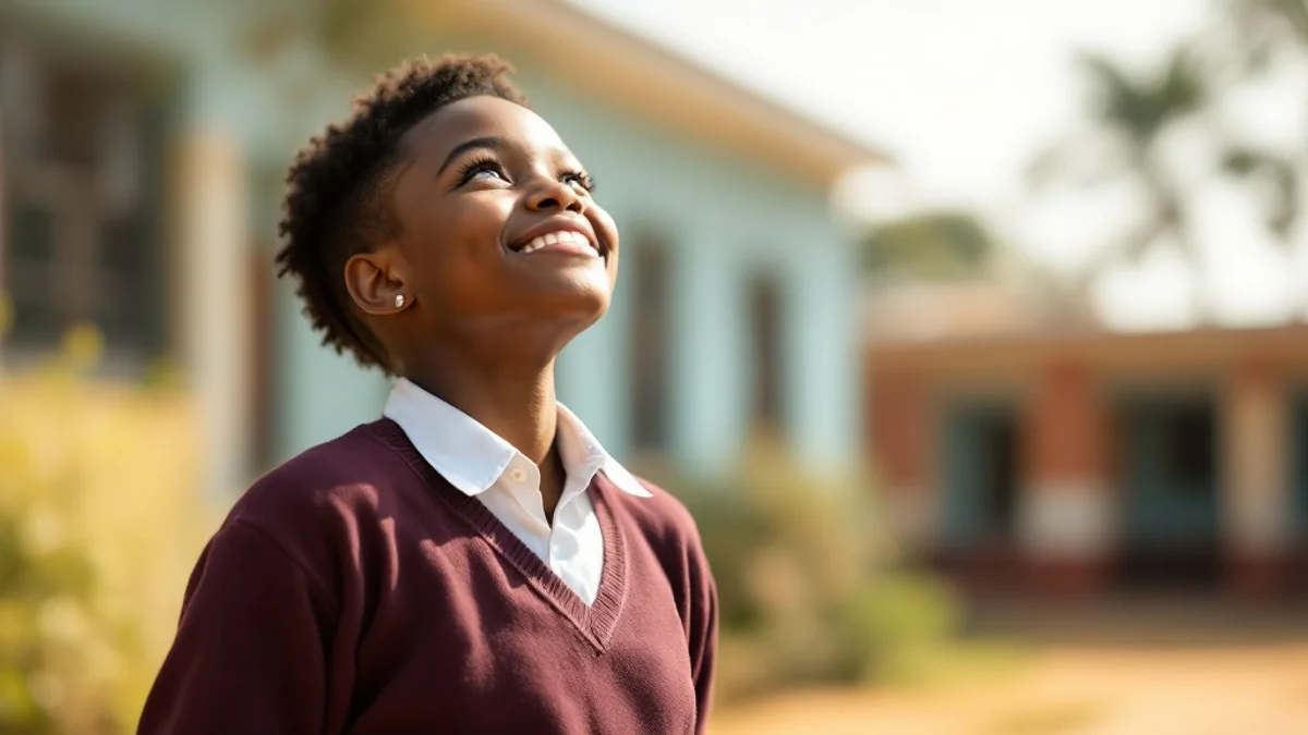 Écolière souriante qui regarde vers le ciel