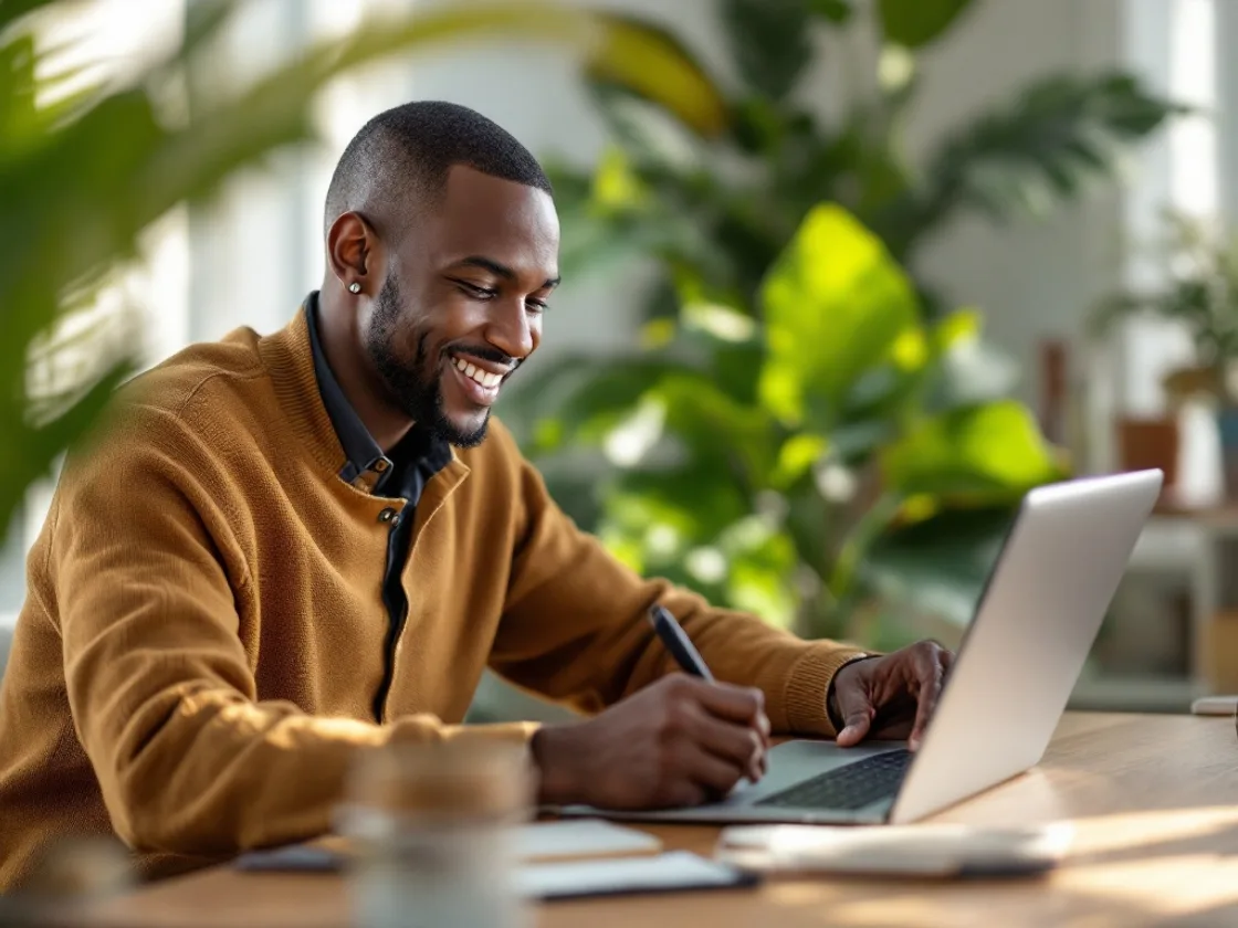 Un répétiteur souriant enseigne en ligne depuis son domicile